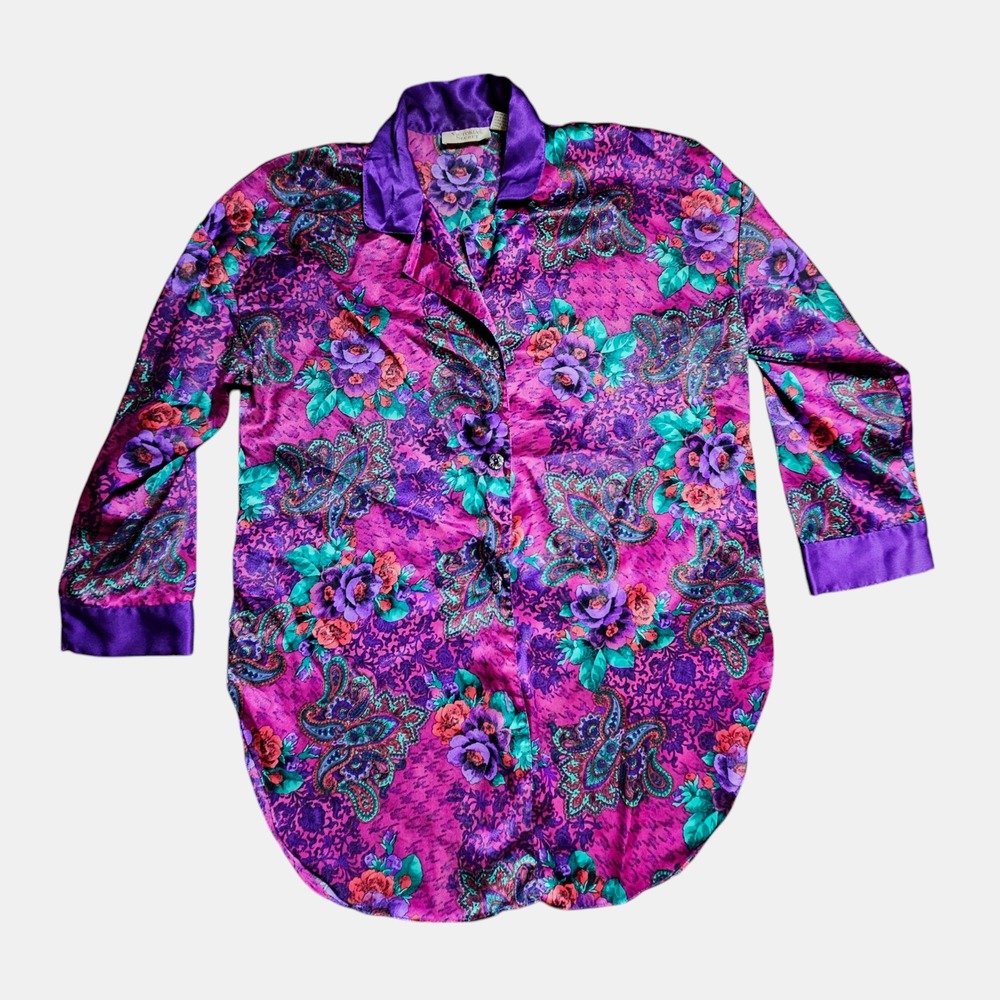 Victoria's Secret Satin Sleep Shirt Gold Label Floral Purple Womens M/L Coquette
